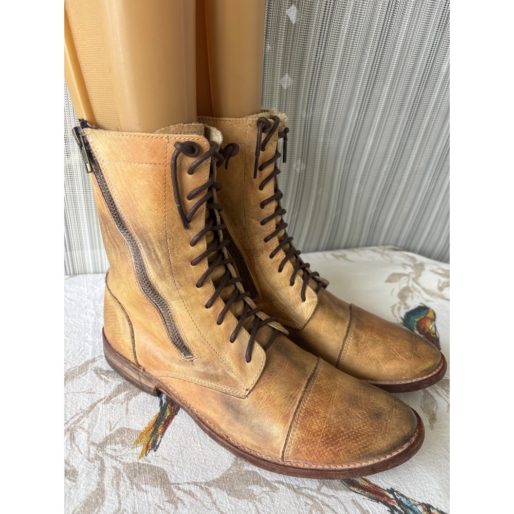 Bed Stu 9 Bonnie Cobbler Series Tan Leather Lace Up Zip Combat Boots Cap Toe